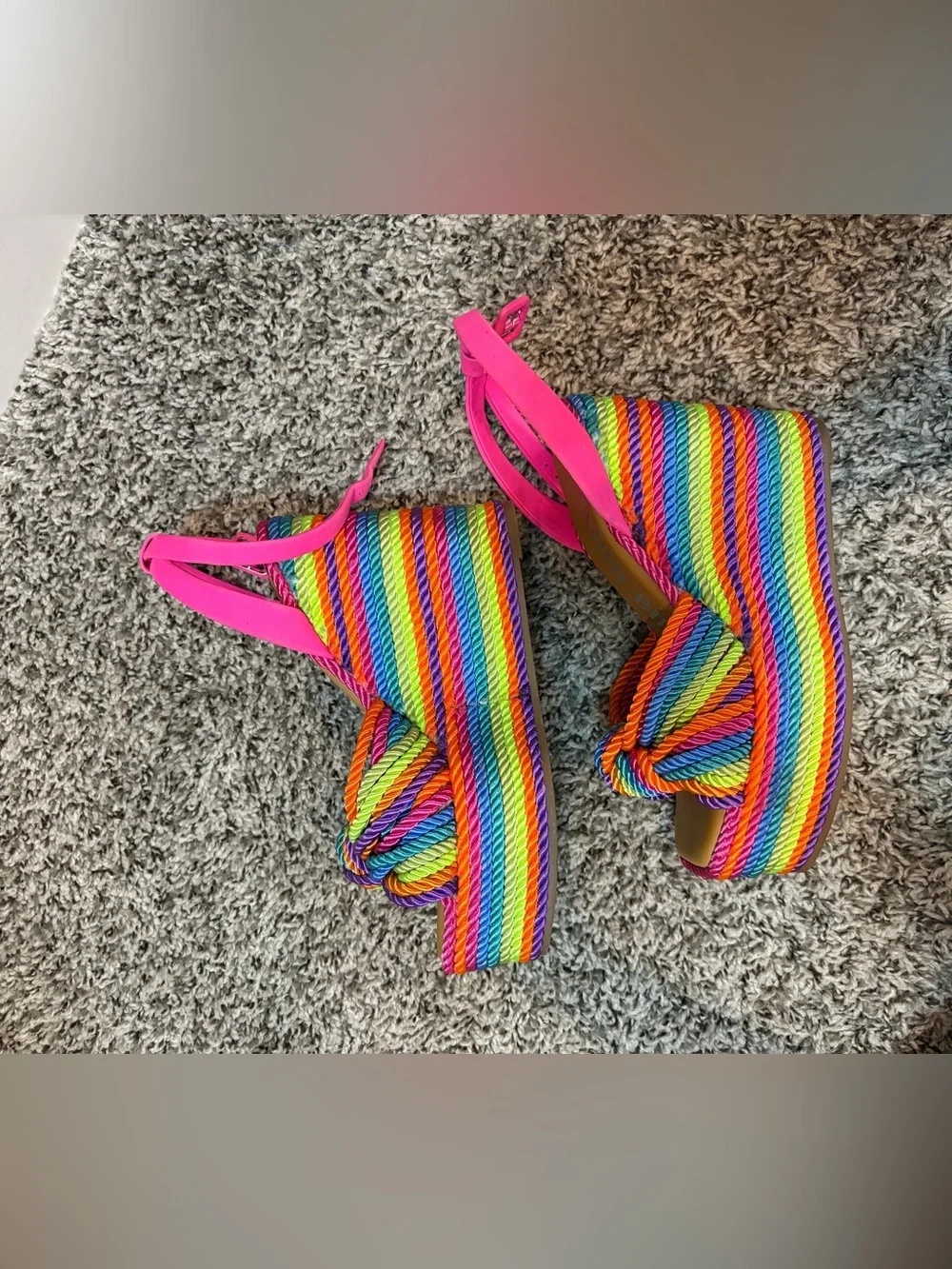 Gianni Bini Rainbow Rope Wedge Sandals in Hot Pink and Multi